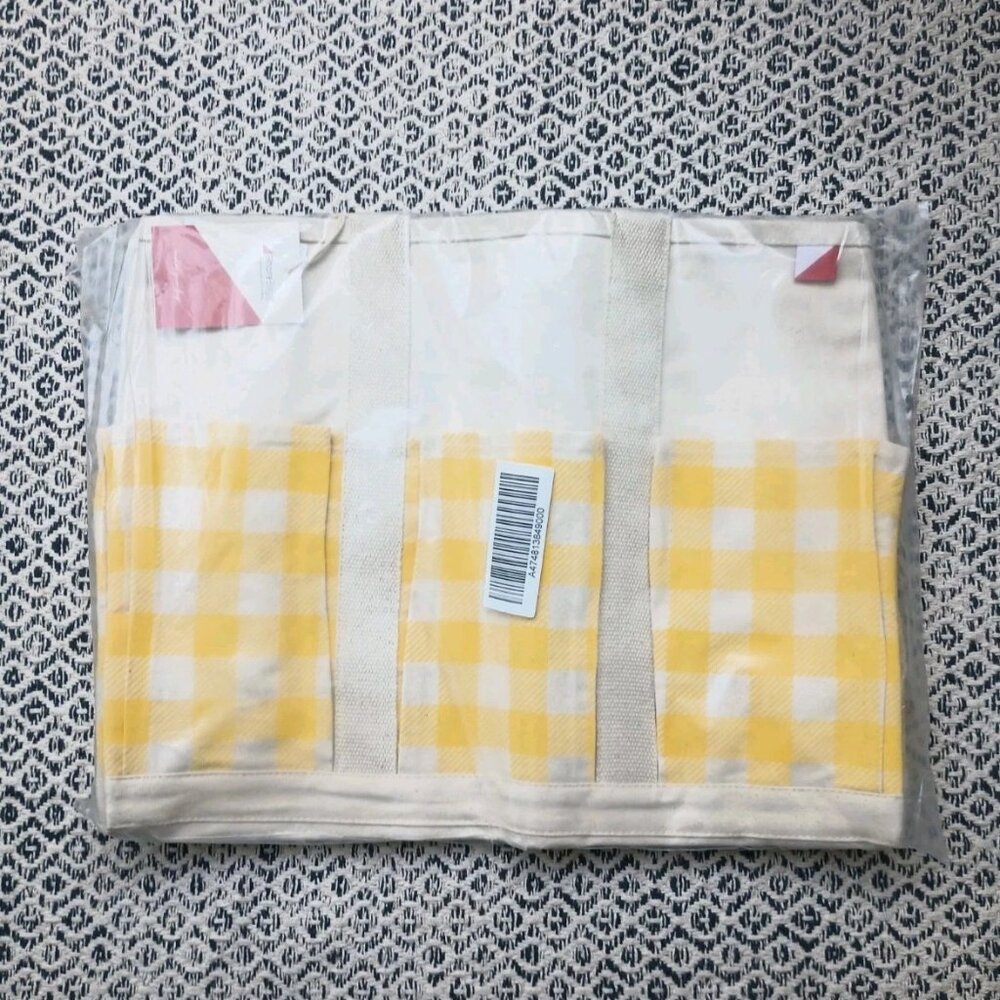 NWT ShoreBags Large Multi Pocket Canvas Yellow Gingham Tote Gardening Beach QVC